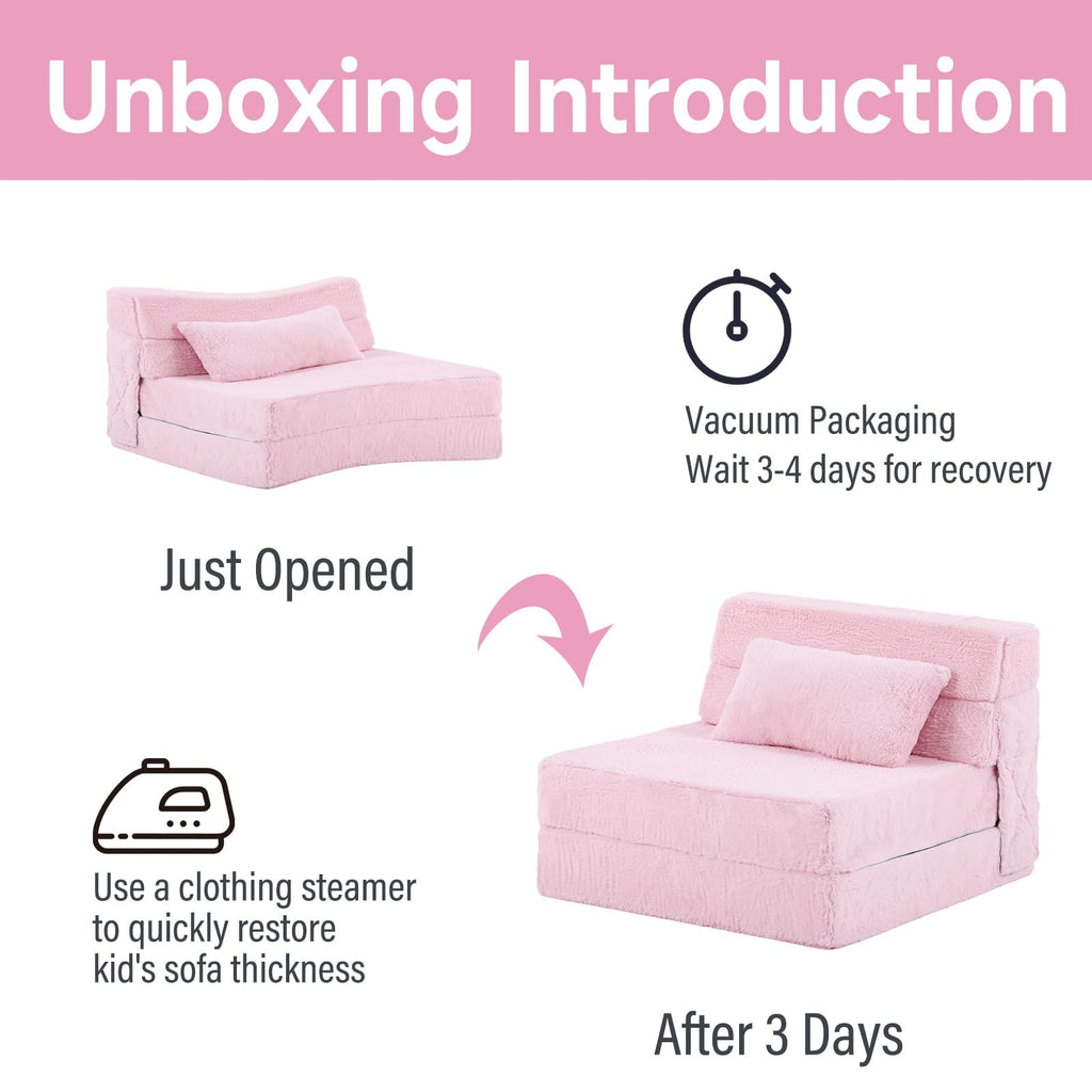 Pink Plush Convertible Folding Kids Sofa Bed with Pillow & Storage Bag O662
