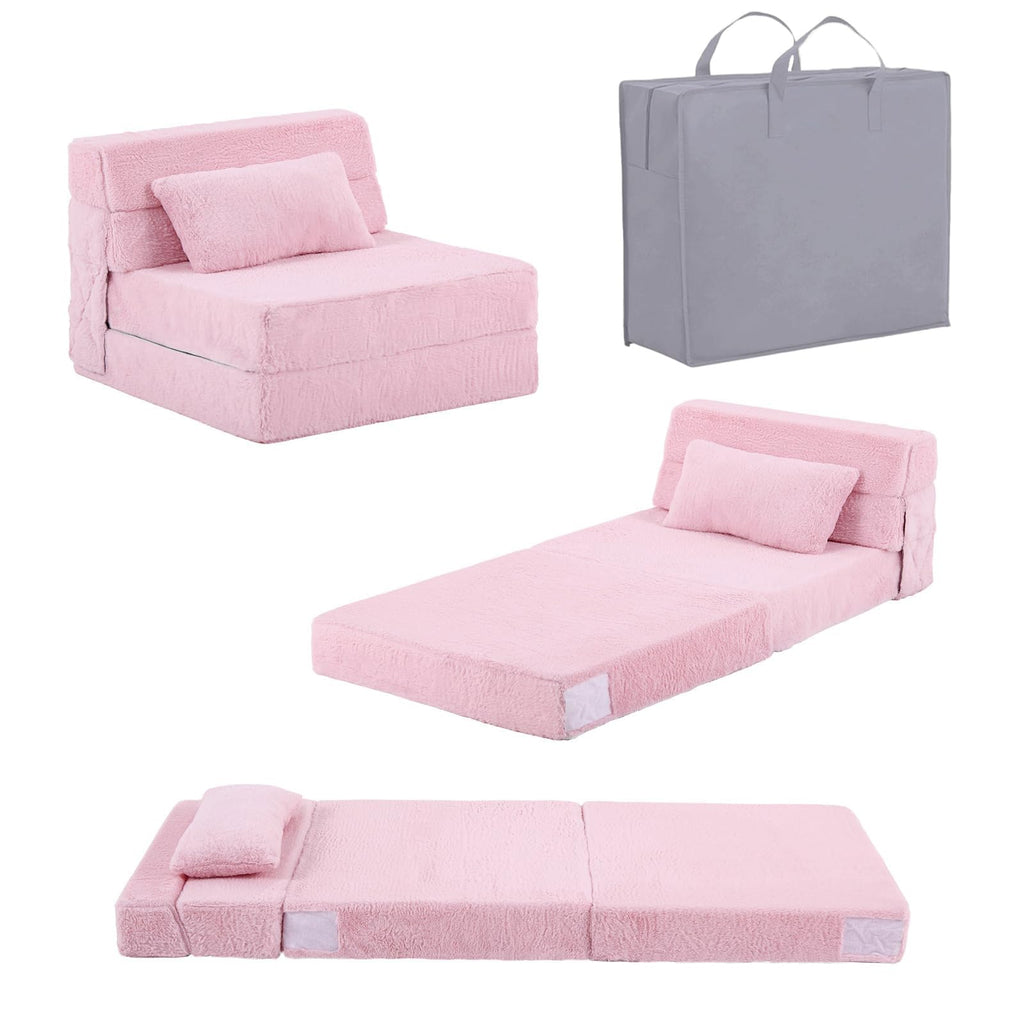 Pink Plush Convertible Folding Kids Sofa Bed with Pillow & Storage Bag O662