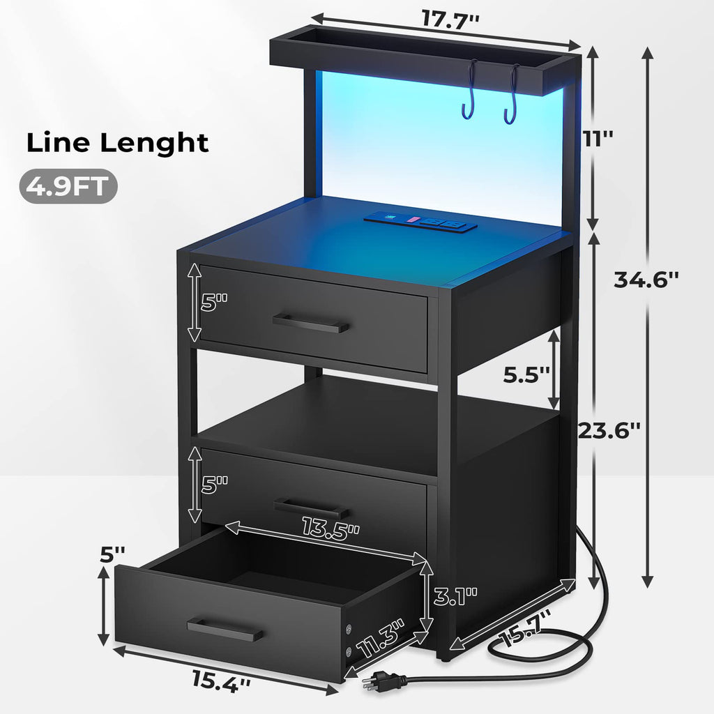 Black Nightstand with Charging Station and LED Lights, 3 Drawers R595170