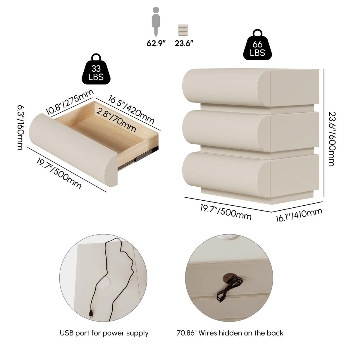 Off White Faux Leather 3 Drawer Nightstand O19354