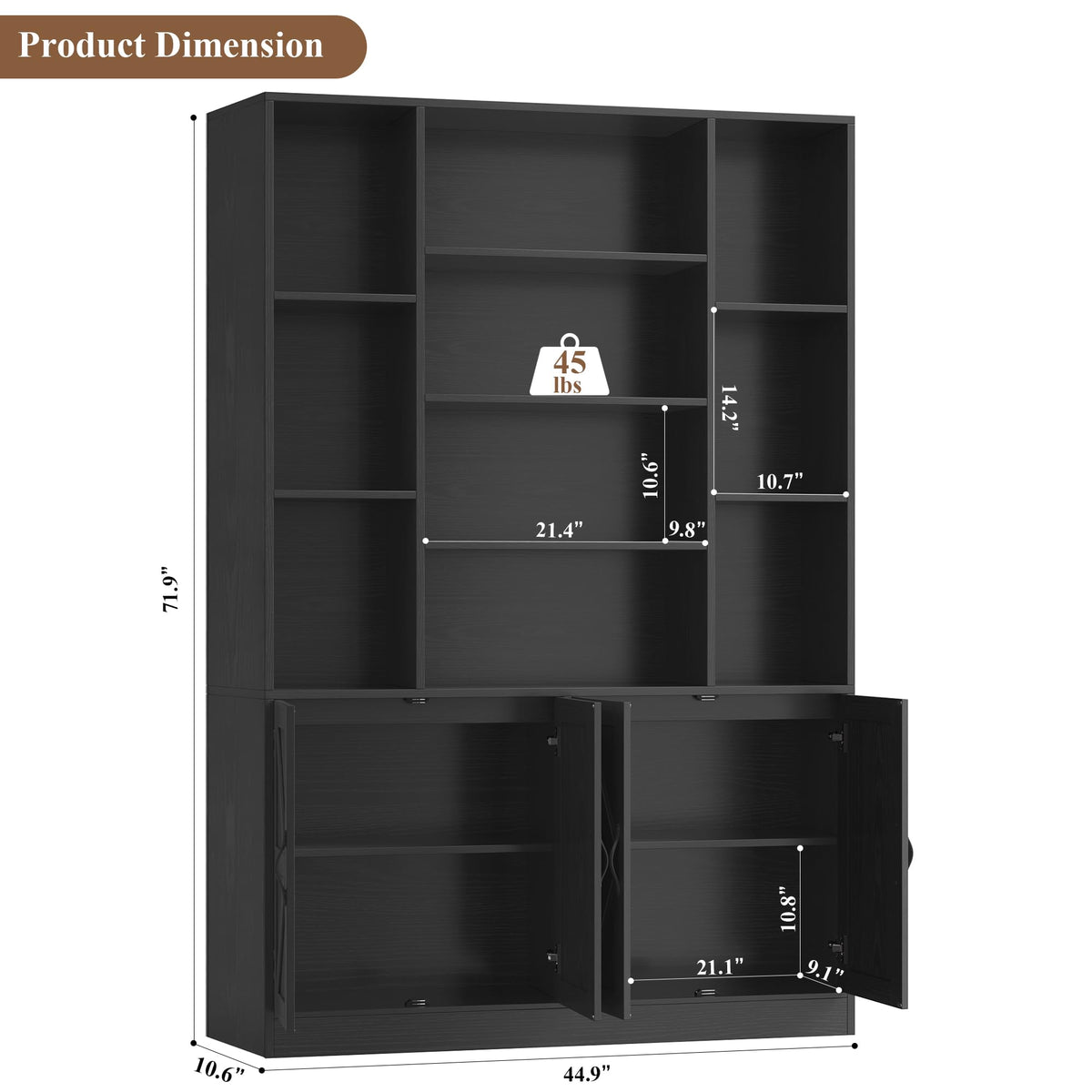 72" Tall Black Bookshelf with Storage K31290