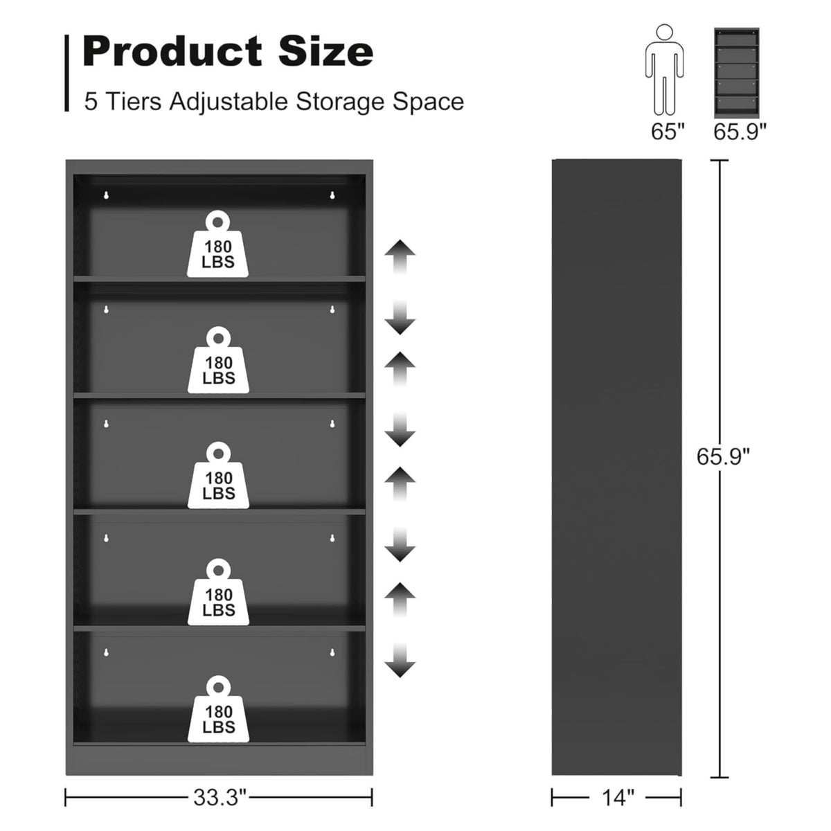 Black 5-Tier Adjustable Metal Bookshelf K500