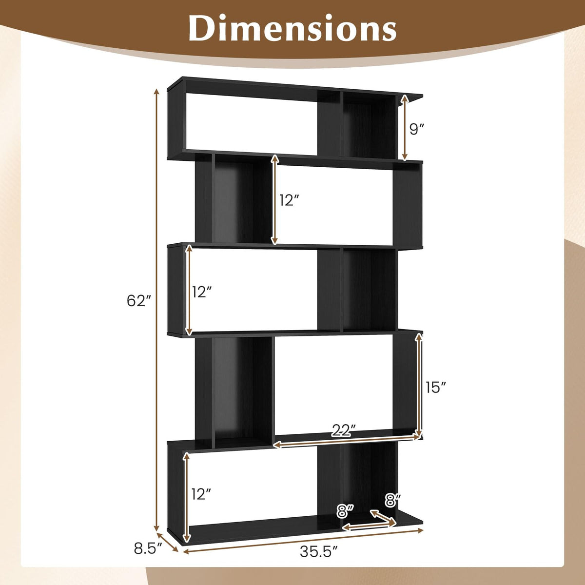 5-Tier 10-Cube Black Bookshelf M673293