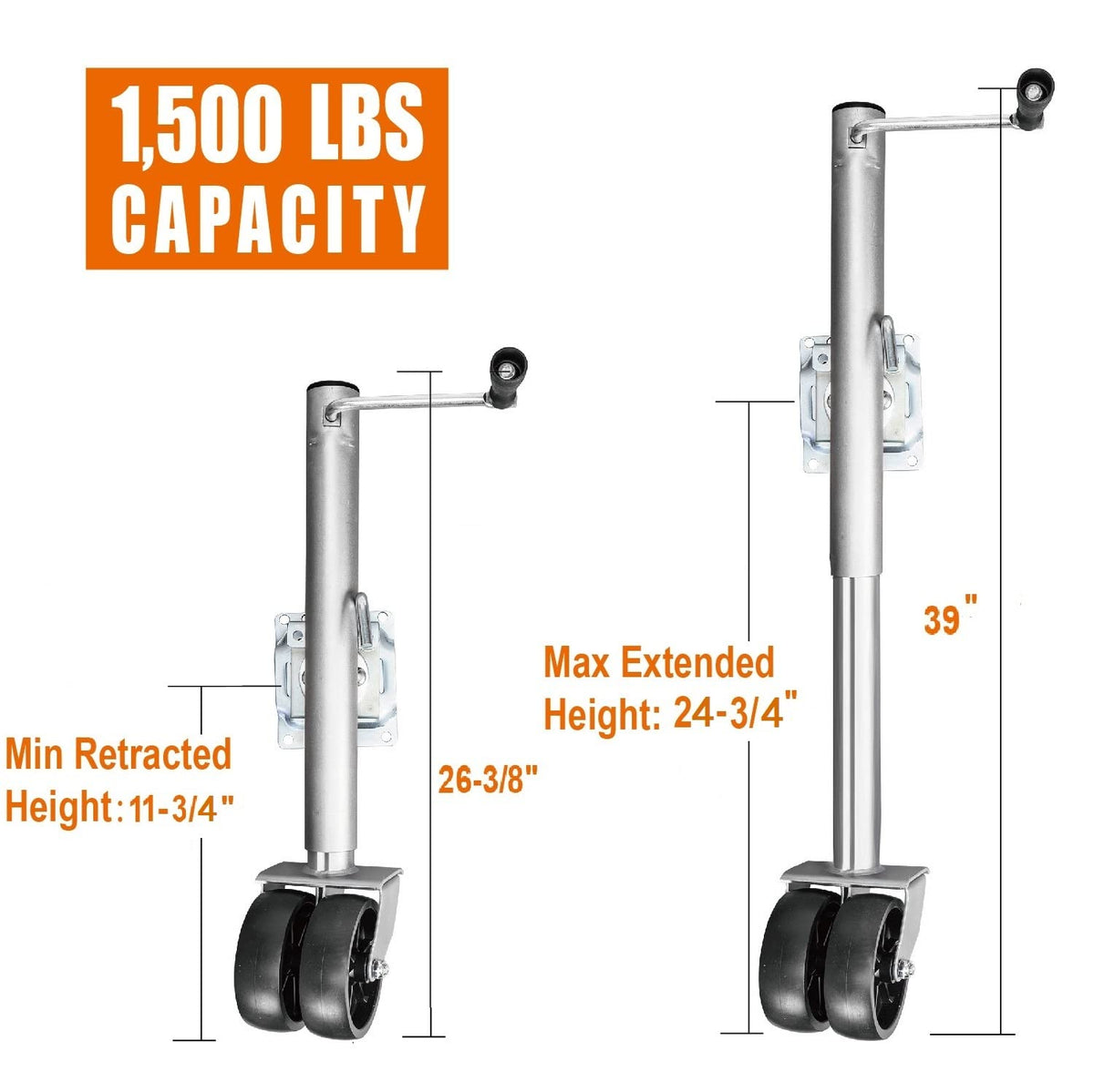 1500 LBs Capacity 6 Inch Dual Wheel Swing-Back Bolt-On Swivel Trailer Jack A660