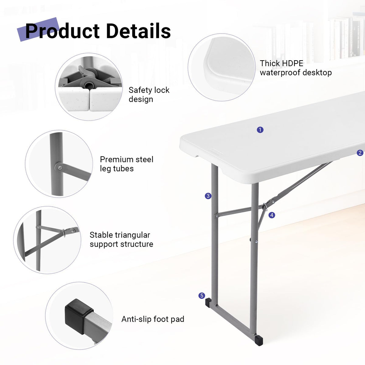 Folding Table 6FT Narrow Portable Plastic Heavy Duty Table, White M197569