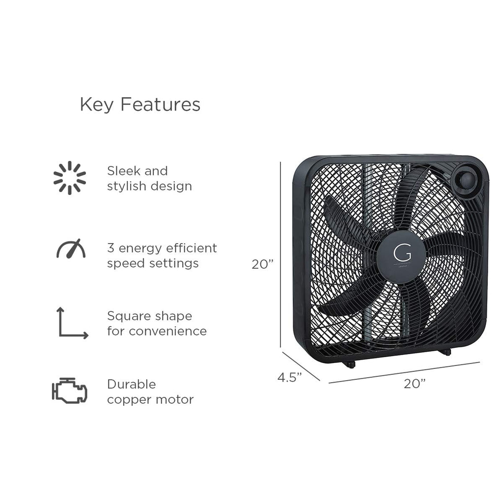 20" Box Fan, 3 Settings, Carry Handle, Black S843563