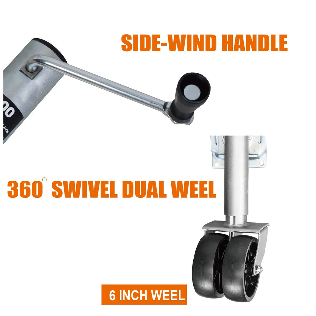 1500 LBs Capacity 6 Inch Dual Wheel Swing-Back Bolt-On Swivel Trailer Jack A660