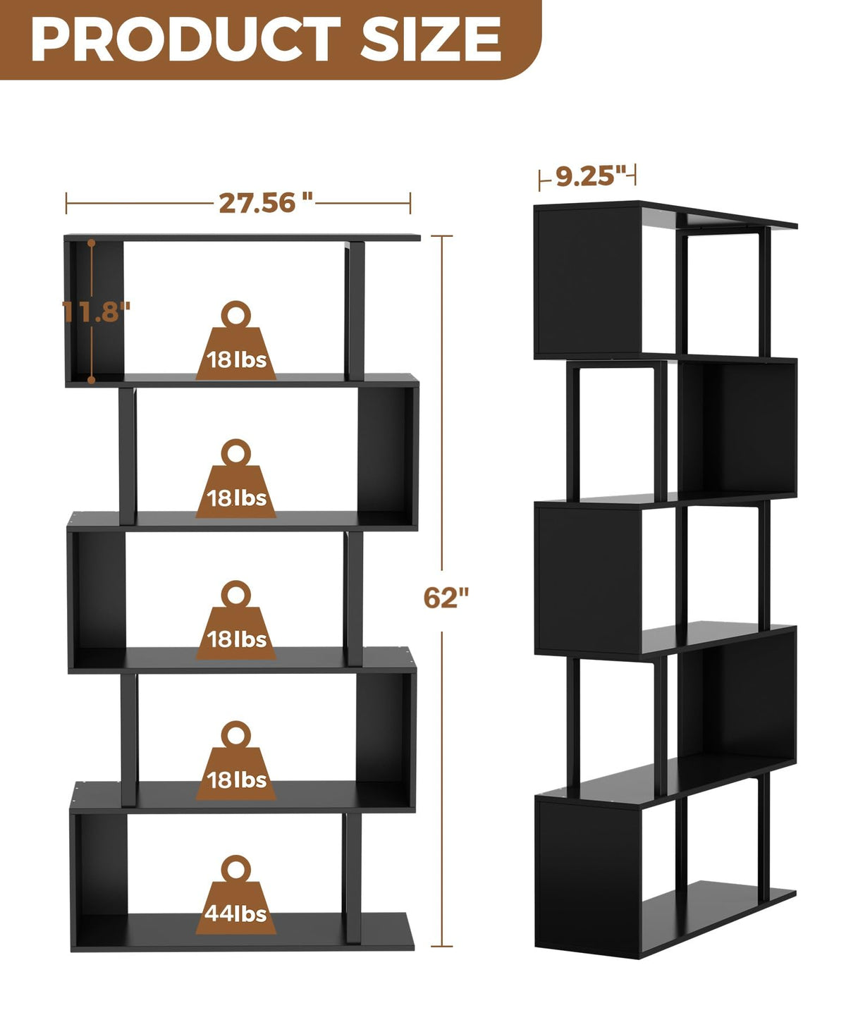 Black 5-Tier Geometric Wood Bookcase V43781