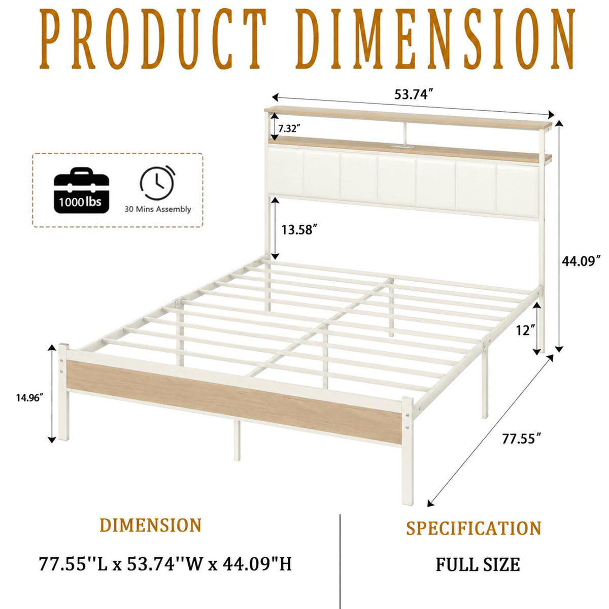 White Full Size Upholstered Platform Bed Frame with LED Lights and Storage Shelf G413