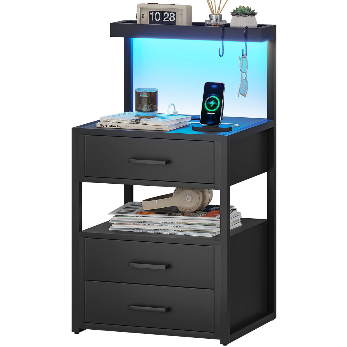 Black Nightstand with Charging Station and LED Lights, 3 Drawers R595170