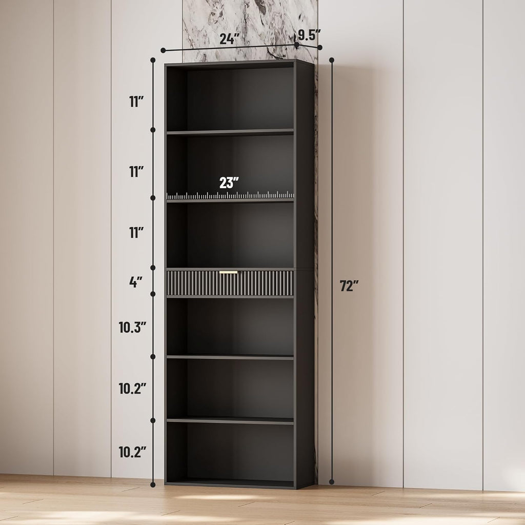 7-Tier Black Bookshelf with Drawer O64422