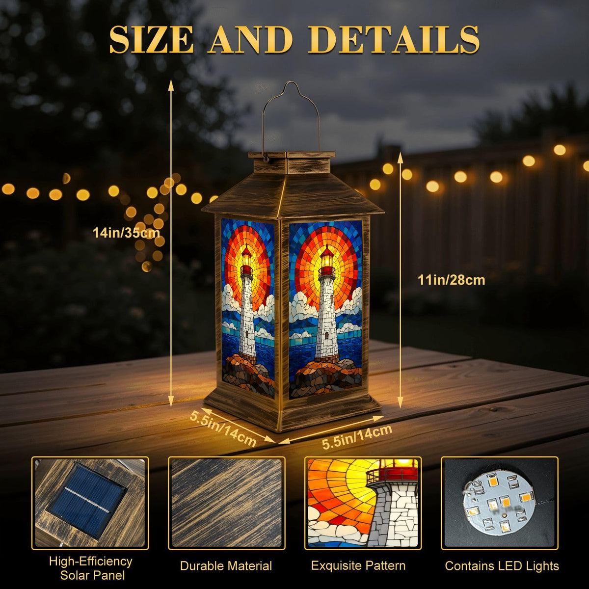 Solar Lantern Outdoor Waterproof Stained Glass LED Hanging Solar Lights O323355
