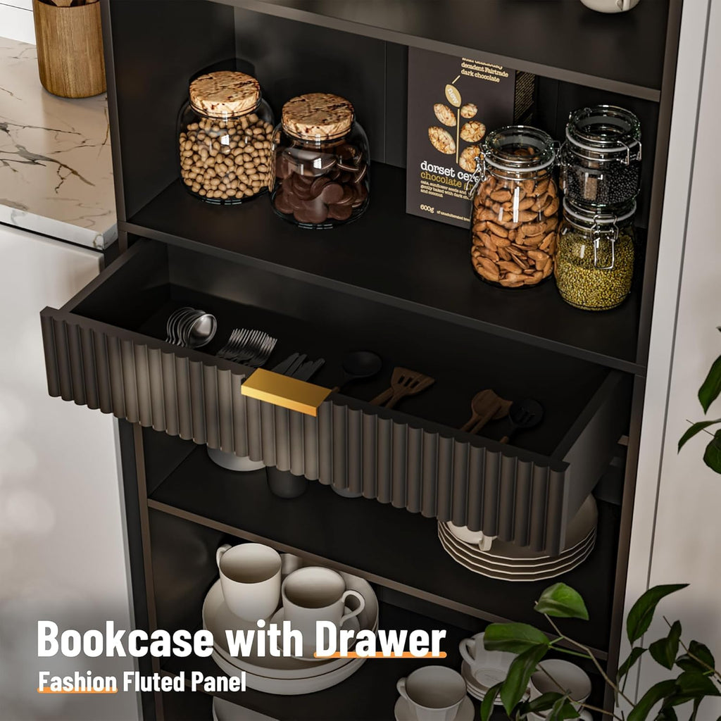 7-Tier Black Bookshelf with Drawer O64422