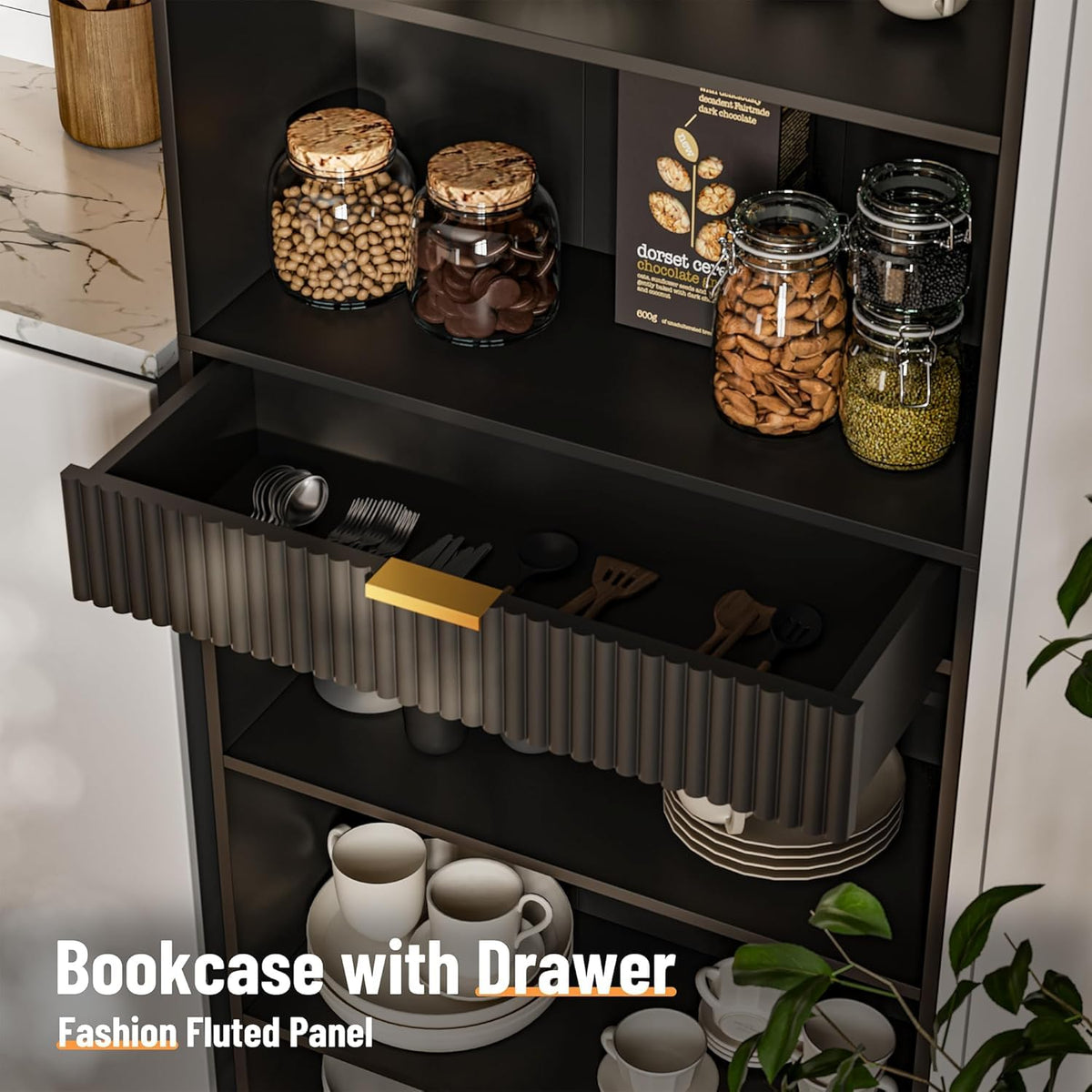 7-Tier Black Bookshelf with Drawer O64422