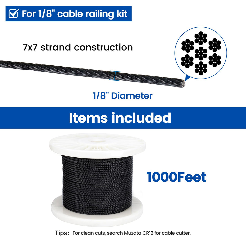 1/8" Black T316 Stainless Steel Cable Railing Wire Rope T287757
