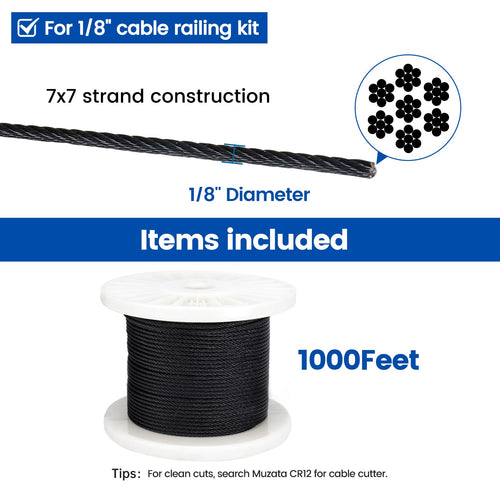 1/8" Black T316 Stainless Steel Cable Railing Wire Rope T287757