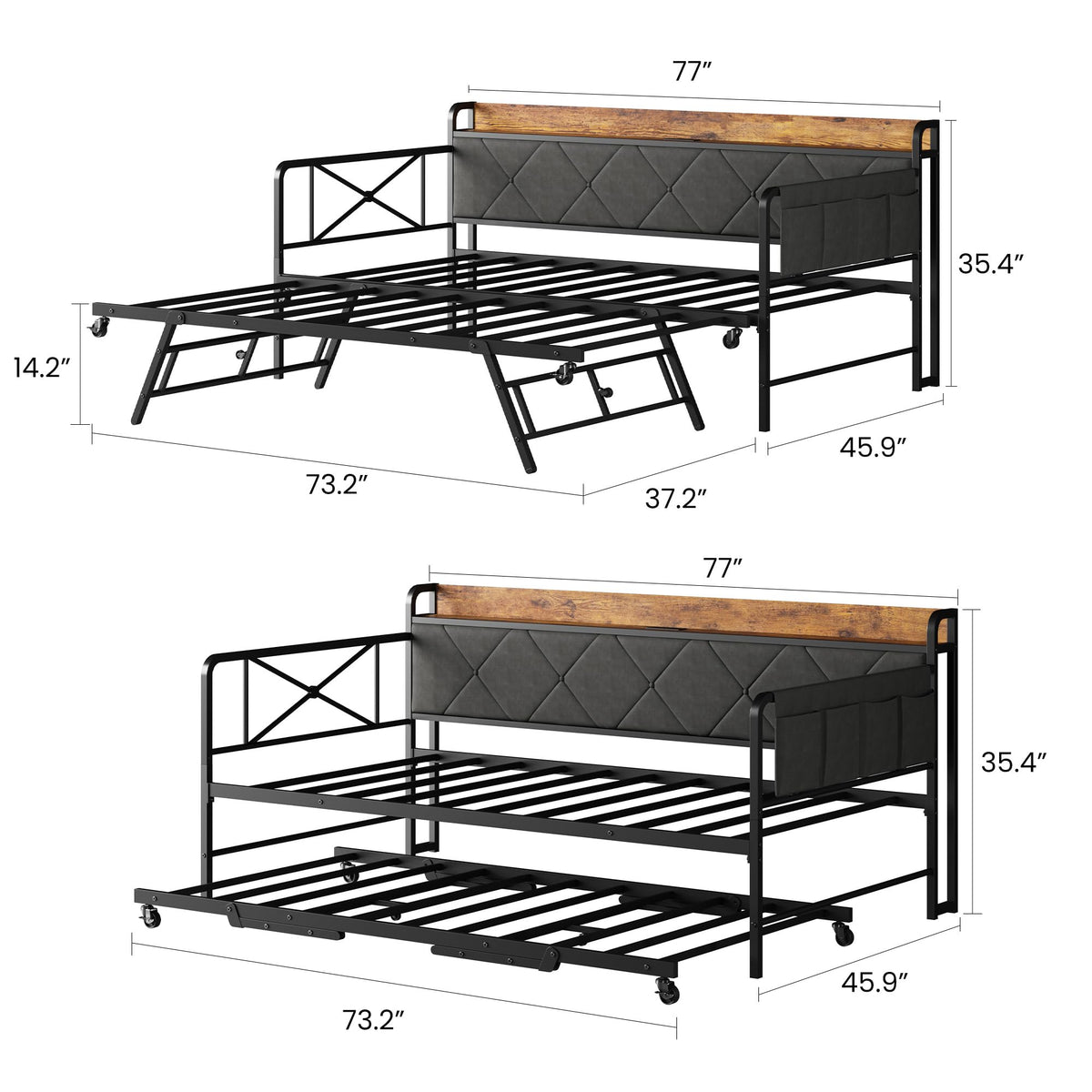 Twin Daybed with Upholstered Headboard and Trundle, Black F6285