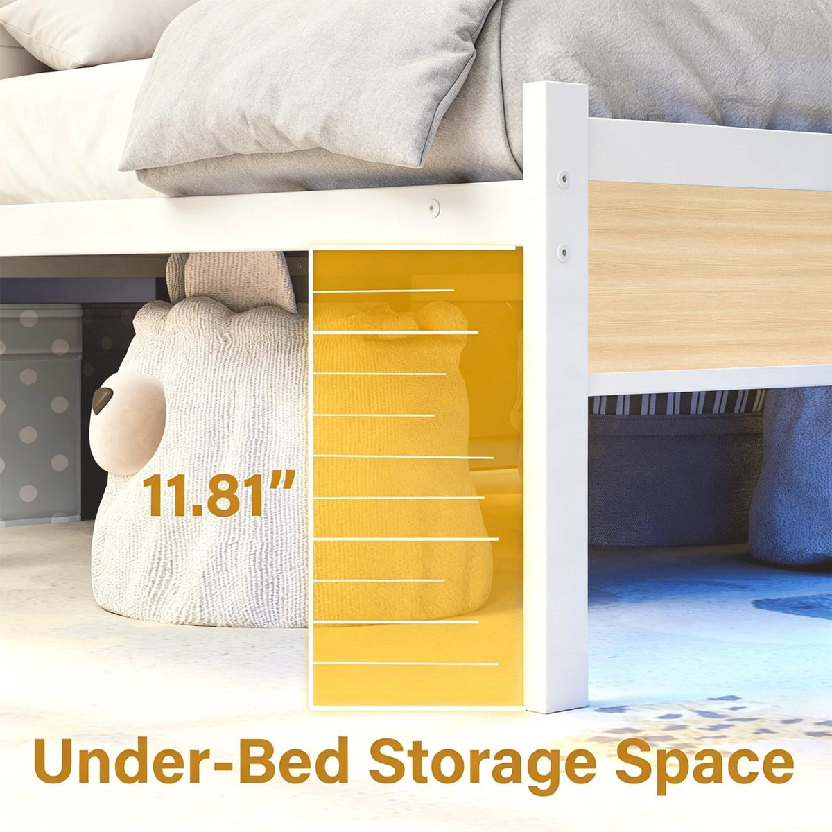 White Full Size Upholstered Platform Bed Frame with LED Lights and Storage Shelf G413