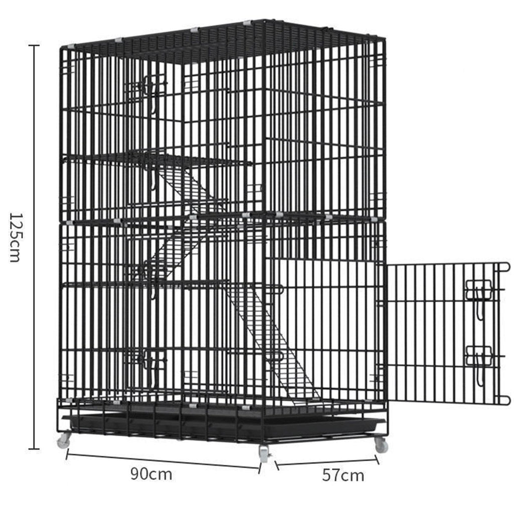 Large Black 4-Tier Folding Metal Wire Cat Cage with Hammock & Ramp Ladders G5682