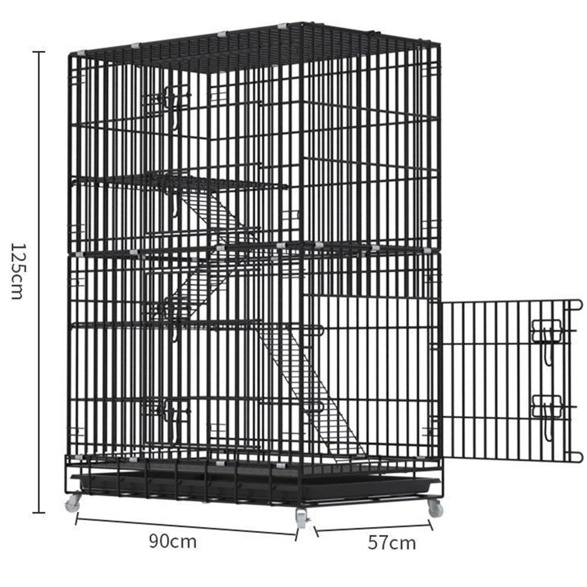 Large Black 4-Tier Folding Metal Wire Cat Cage with Hammock & Ramp Ladders G5682