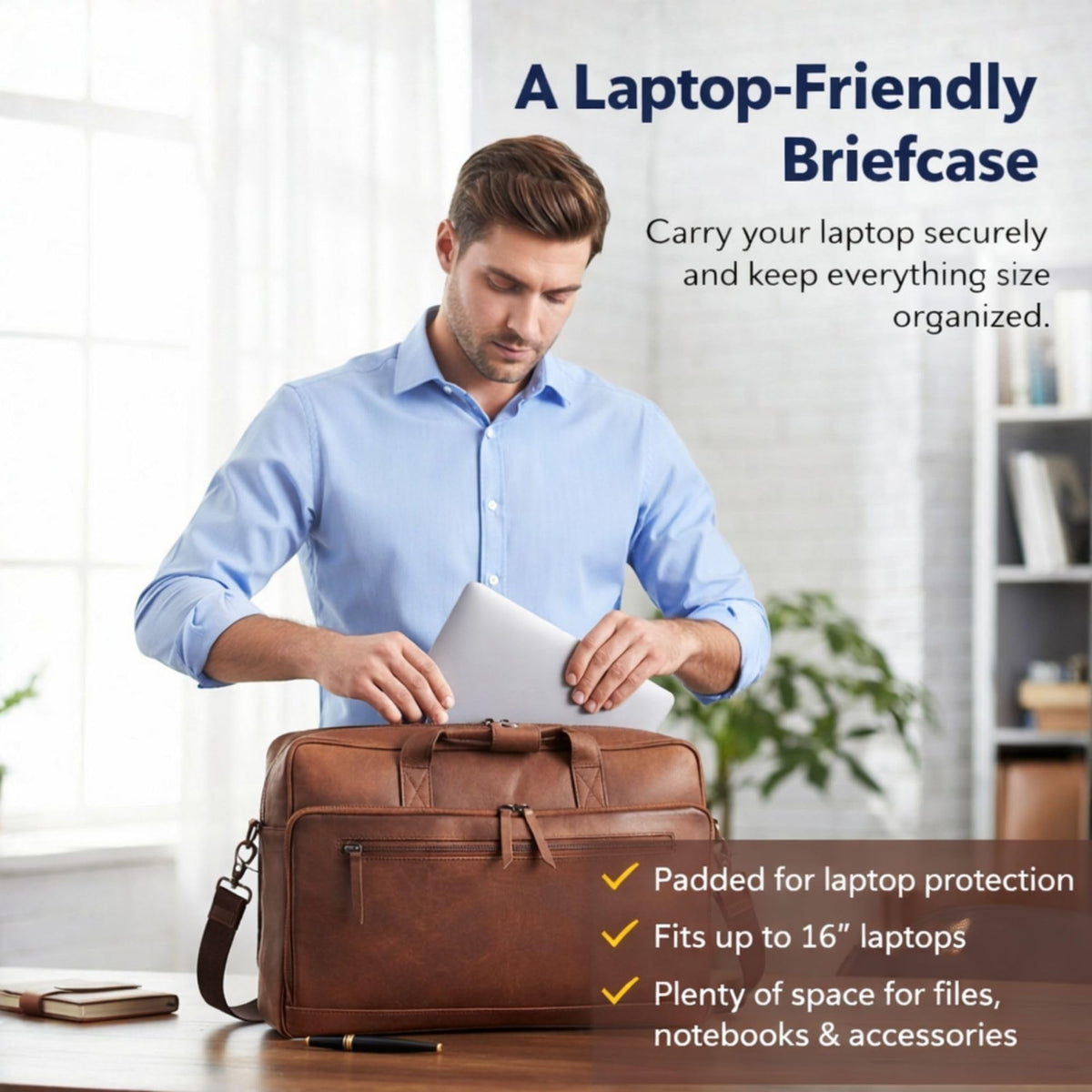 Brown 17-inch Genuine Leather Laptop Briefcase S762