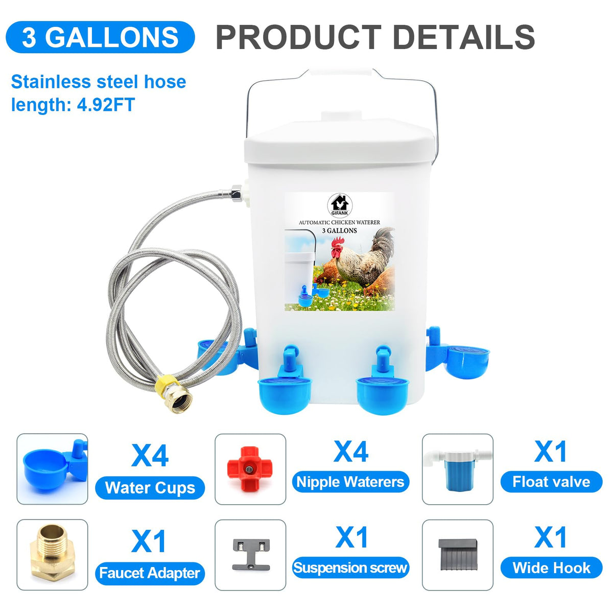 3 Gallons Automatic Poultry Waterer with Hose Attachment J848257