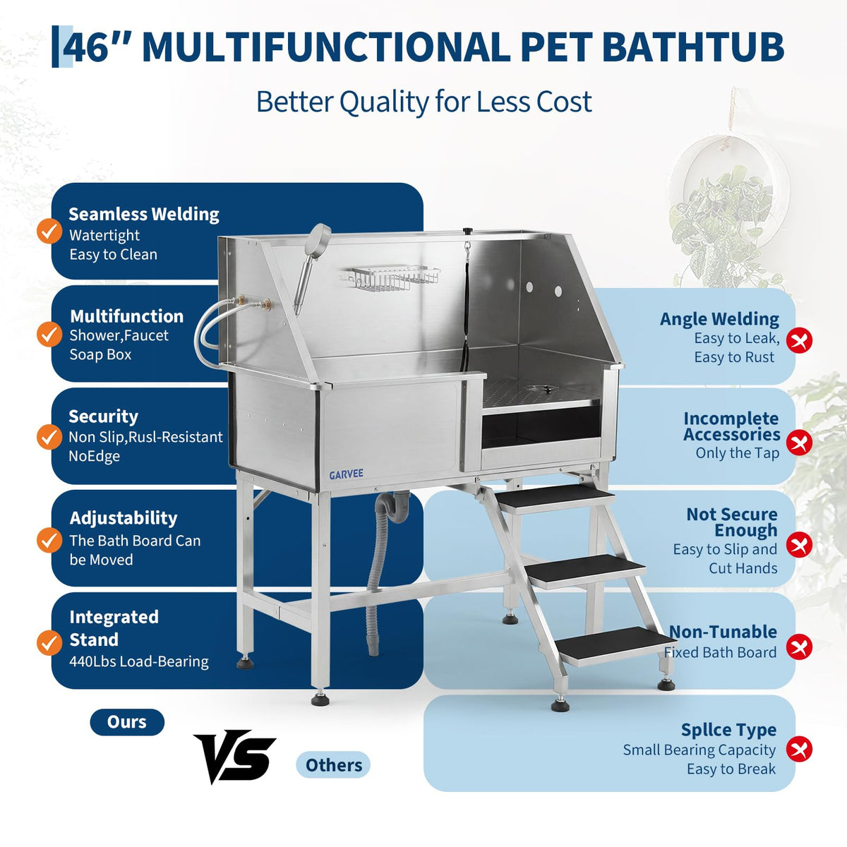 46 Inch Stainless Steel Dog Washing Station with Stair Q479