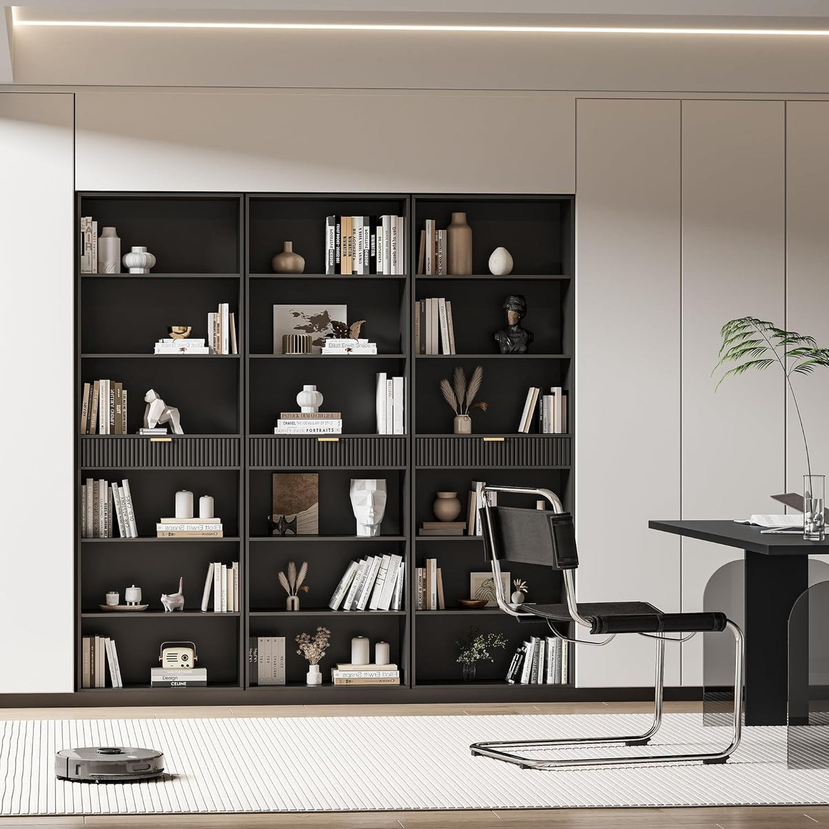 7-Tier Black Bookshelf with Drawer O64422