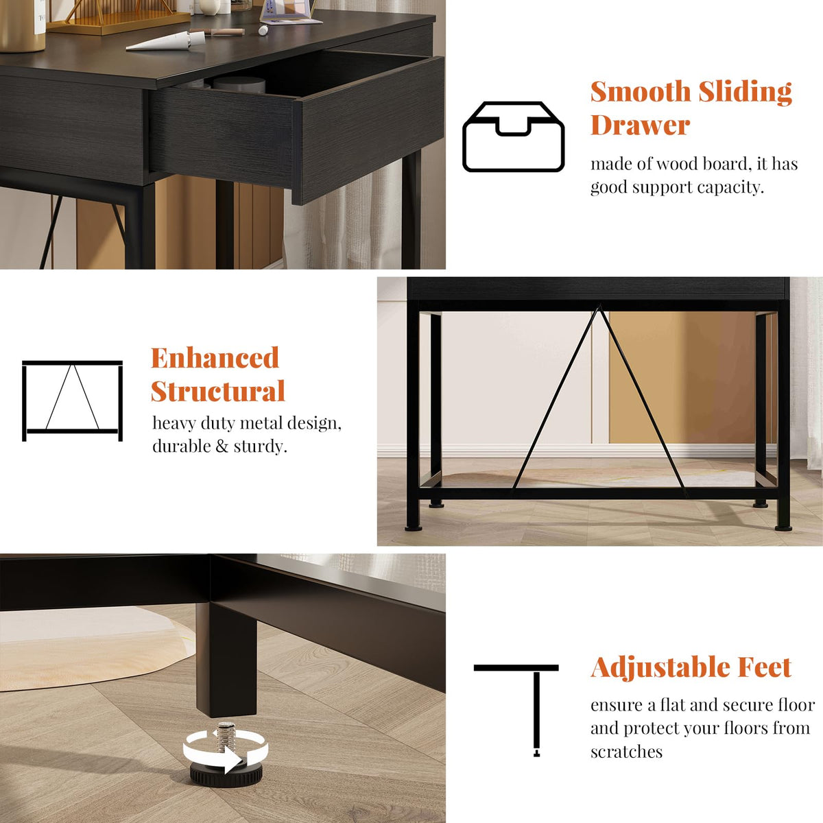 Black 40 Inch Small Desk with Wood Drawers S612920
