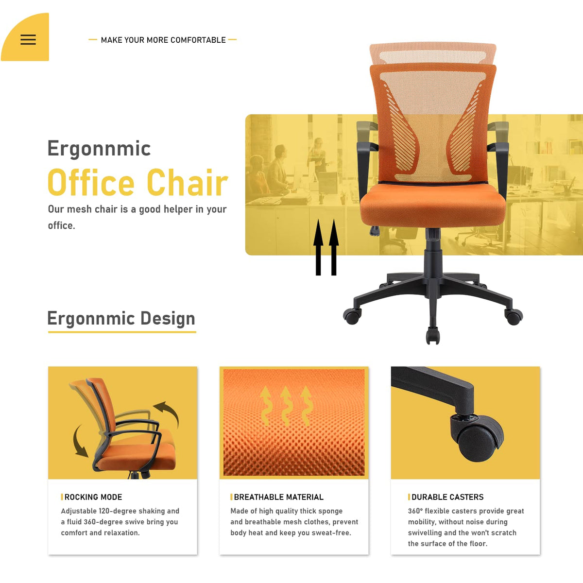 Orange Mid Back Mesh Ergonomic Office Chair with Armrest X41465