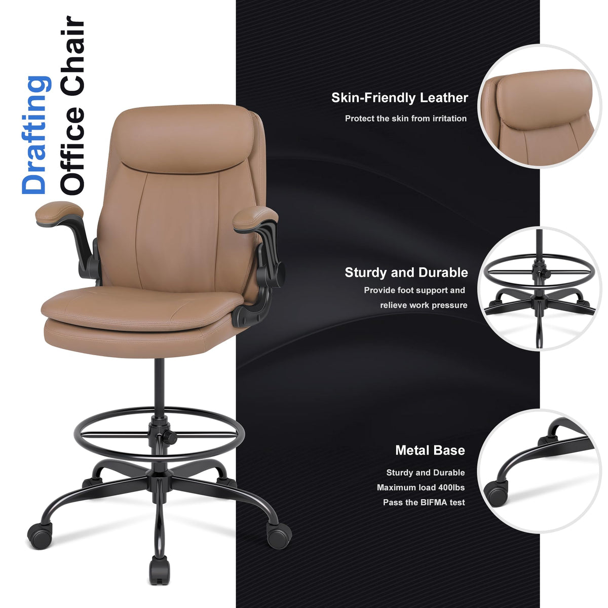 Leather Drafting Chair with Adjustable Height and Flip-up Armrest R620