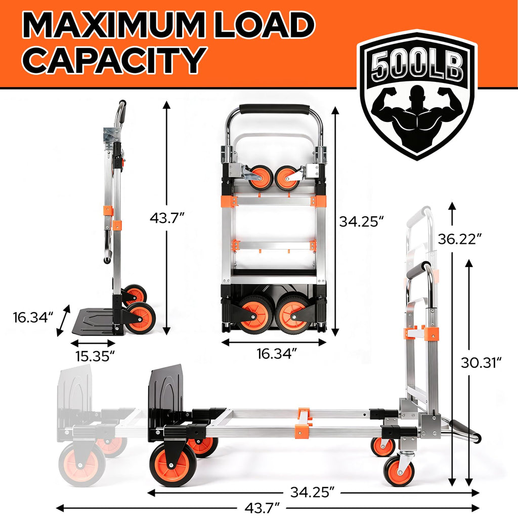 Folding Hand Truck Dolly Cart with Wheels, 500lb Load, Silver Orange U21315
