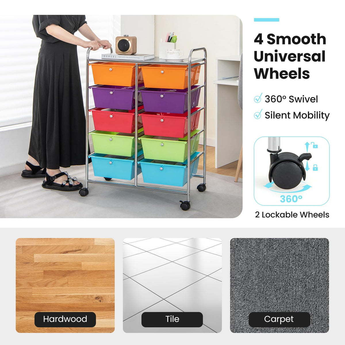10 Drawer Rolling Storage Cart with Metal Frame H827636