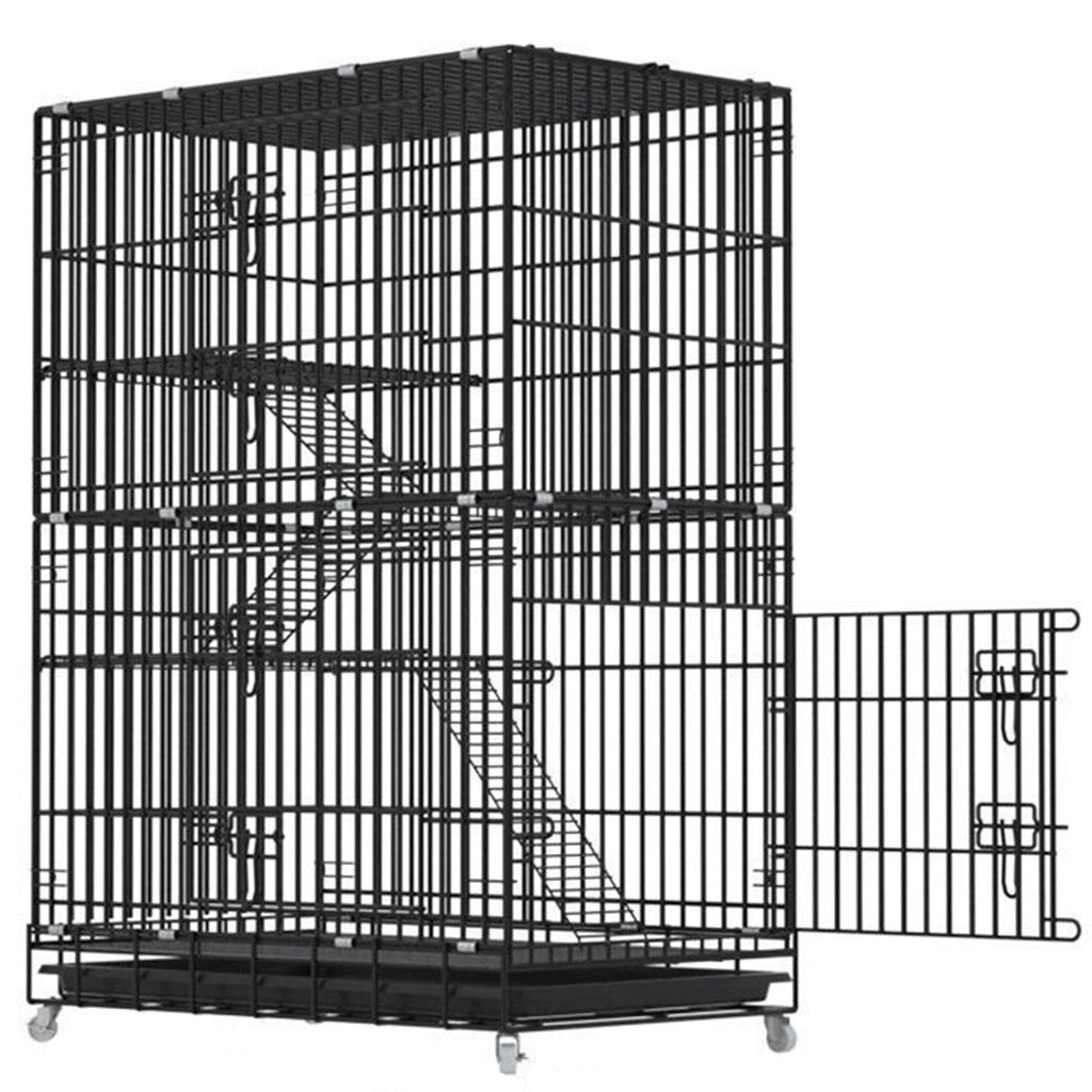 Large Black 4-Tier Folding Metal Wire Cat Cage with Hammock & Ramp Ladders G5682