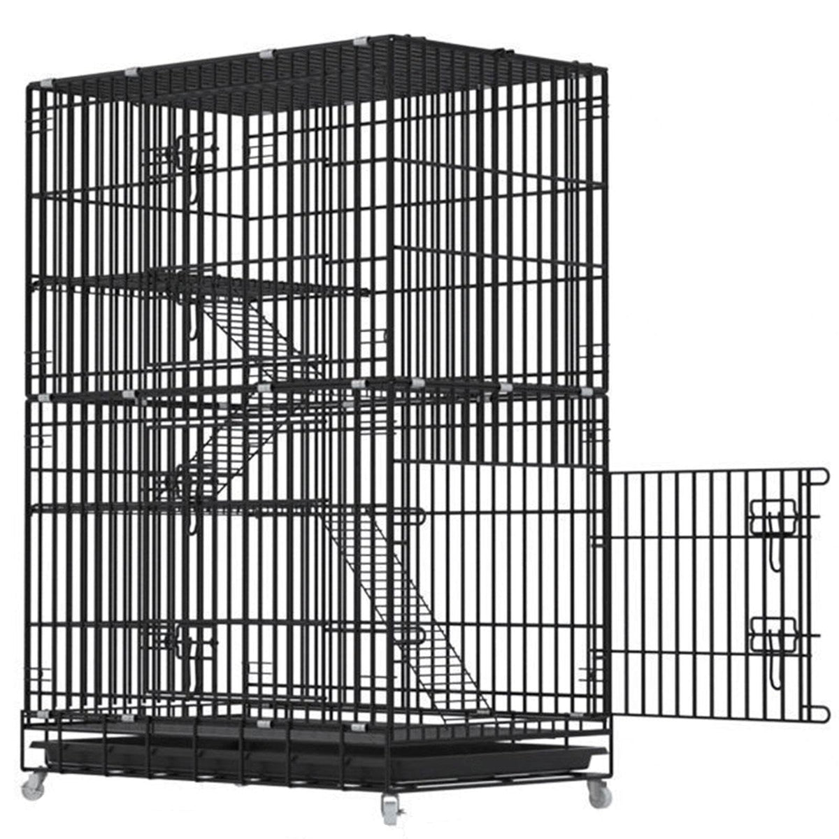 Large Black 4-Tier Folding Metal Wire Cat Cage with Hammock & Ramp Ladders G5682