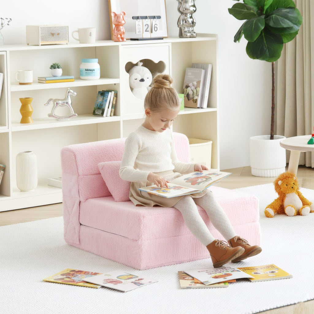 Pink Plush Convertible Folding Kids Sofa Bed with Pillow & Storage Bag O662