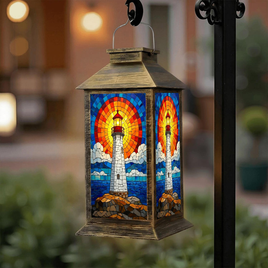 Solar Lantern Outdoor Waterproof Stained Glass LED Hanging Solar Lights O323355