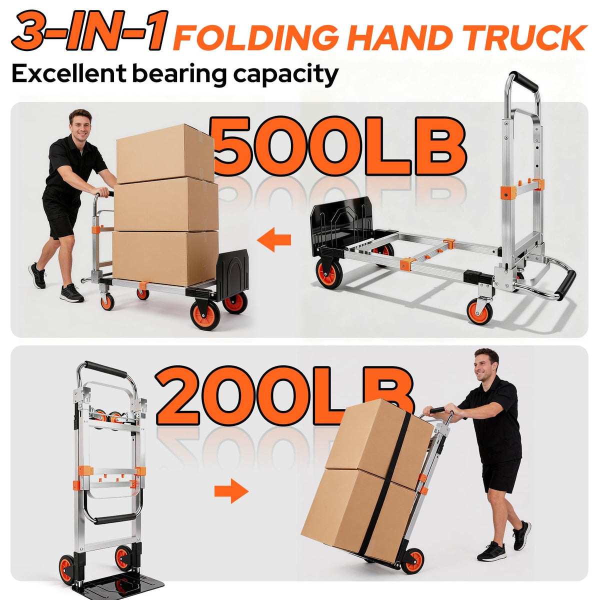 Folding Hand Truck Dolly Cart with Wheels, 500lb Load, Silver Orange U21315