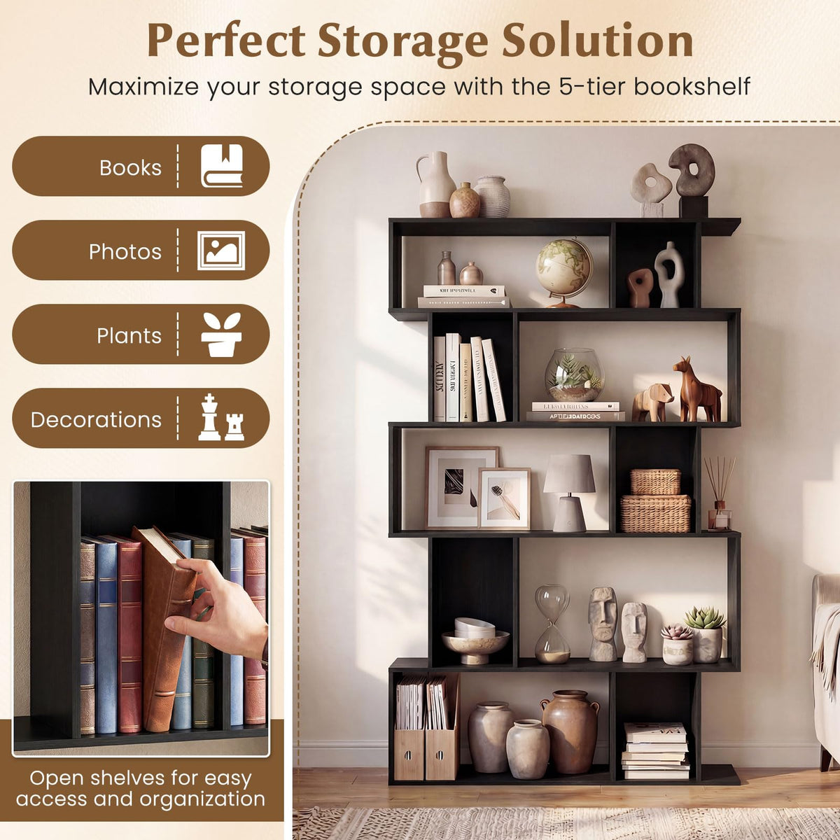 5-Tier 10-Cube Black Bookshelf M673293