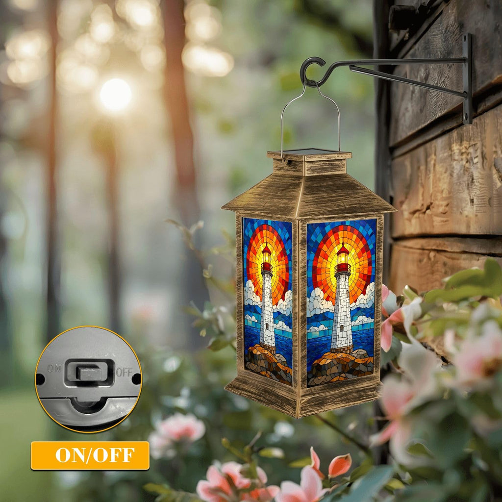 Solar Lantern Outdoor Waterproof Stained Glass LED Hanging Solar Lights O323355