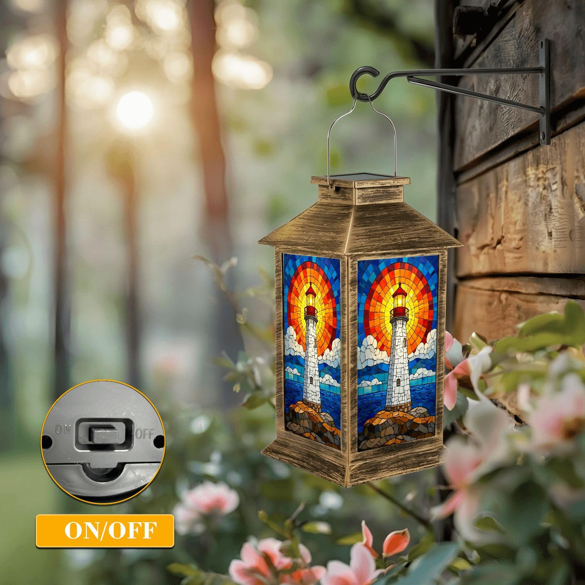 Solar Lantern Outdoor Waterproof Stained Glass LED Hanging Solar Lights O323355