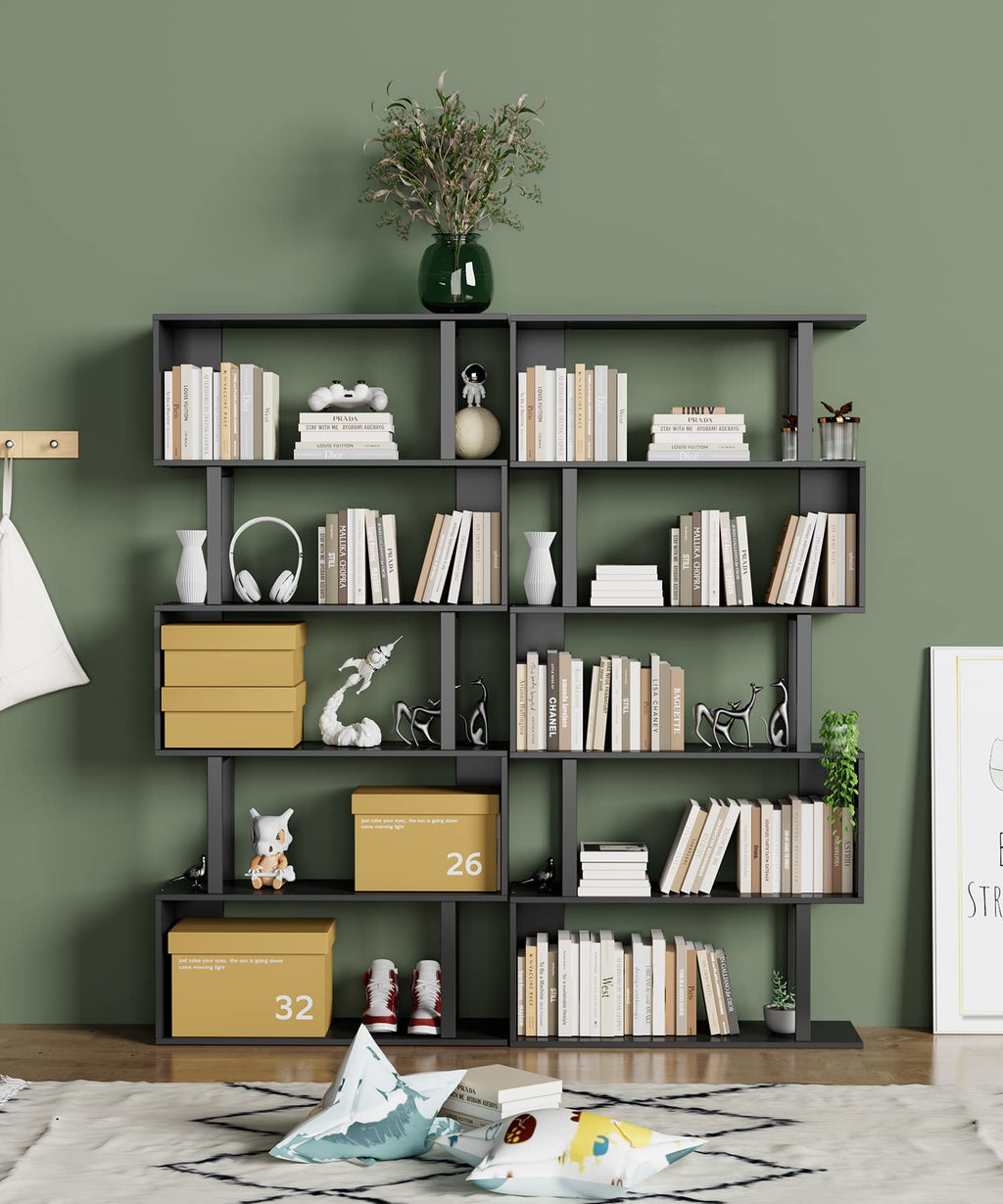 Black 5-Tier Geometric Wood Bookcase V43781