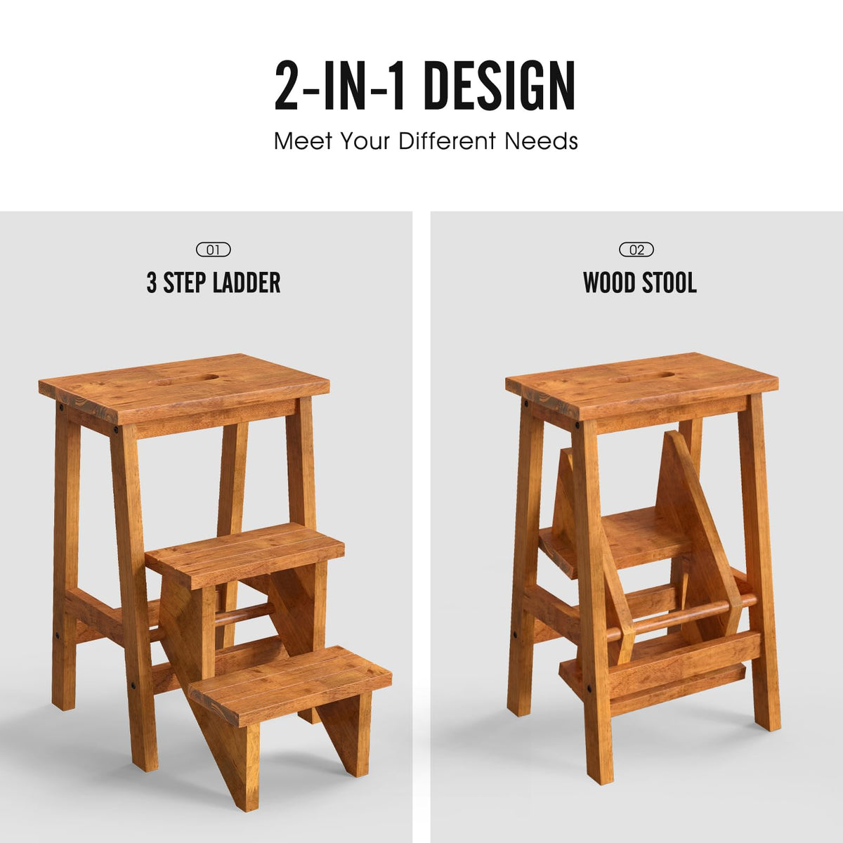 3 Tier Wood Step Ladder with Anti-Slip W326