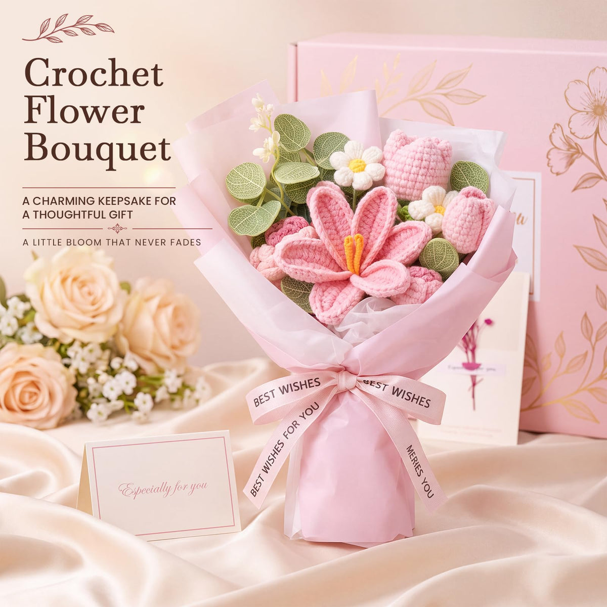 10 PCS Pink Gift Basket with Blanket, Tumbler & Crochet Flowers A700264