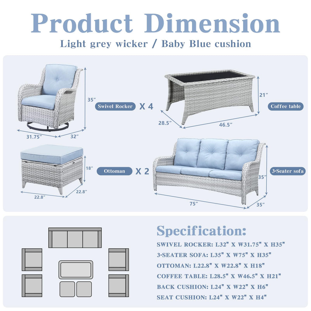 8 Piece Wicker Patio Furniture Conversation Set with Swivel Rocker Chairs, Sofa, Ottomans and Coffee Table D4251