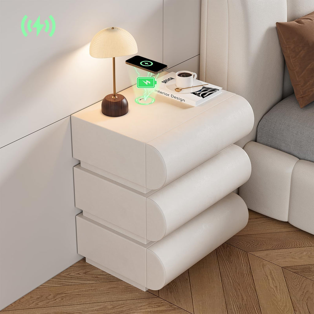 Off White Faux Leather 3 Drawer Nightstand O19354