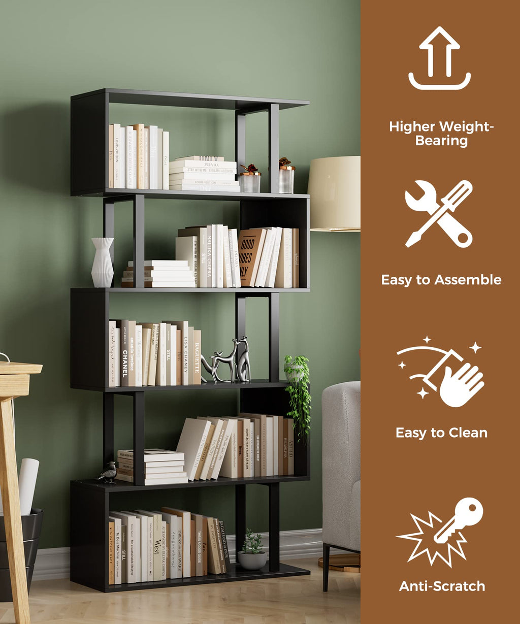 Black 5-Tier Geometric Wood Bookcase V43781