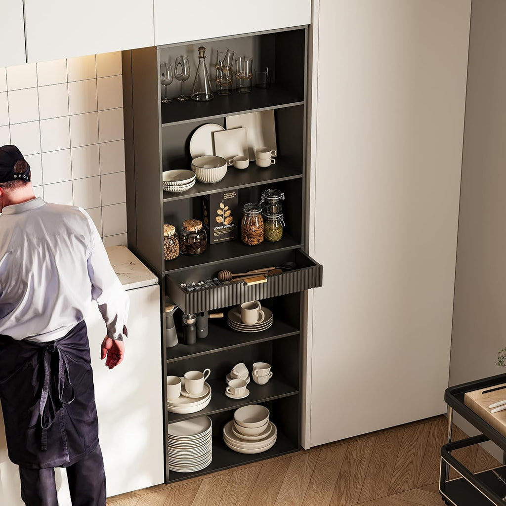 7-Tier Black Bookshelf with Drawer O64422