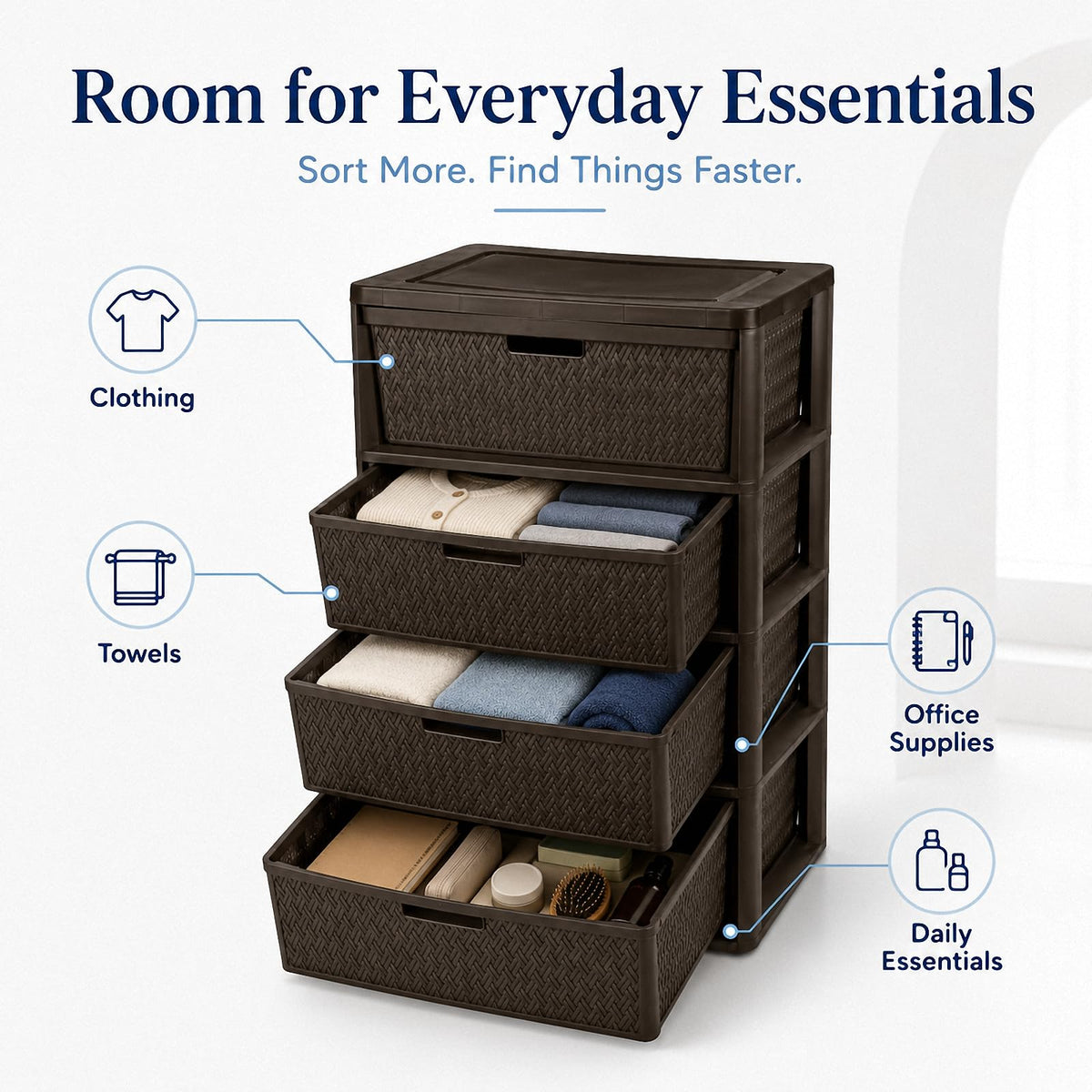 Wide 4-Drawer Storage Organizer Tower with Removable Bins V3593
