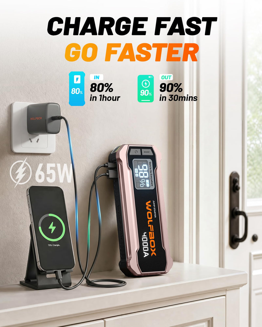 12V Pink Portable Car Jump Starter with 65W Quick Charger Q232